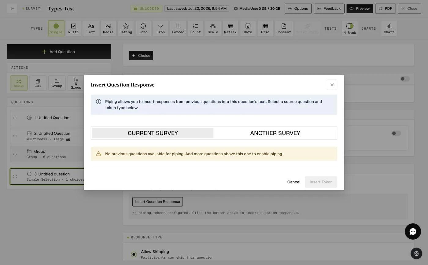 The Insert Question Response piping modal with Current Survey and Another Survey tabs