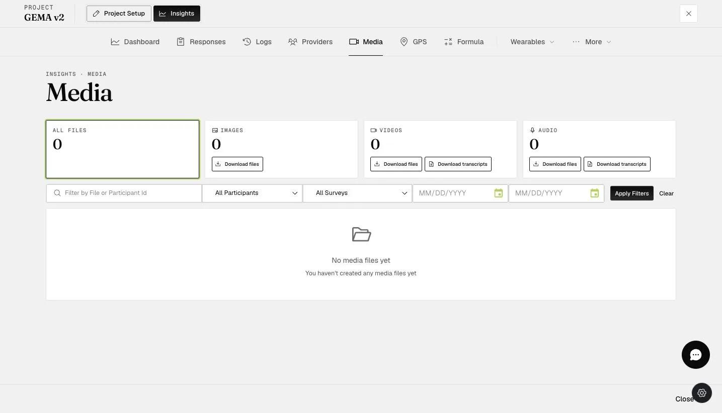 The Insights Media tab Audio card with a Download transcripts button for automated audio transcriptions