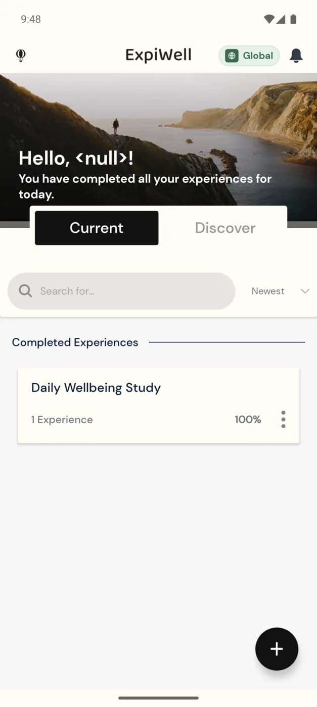 The Current tab of the ExpiWell app showing a Completed Experiences section with a study card at 100%
