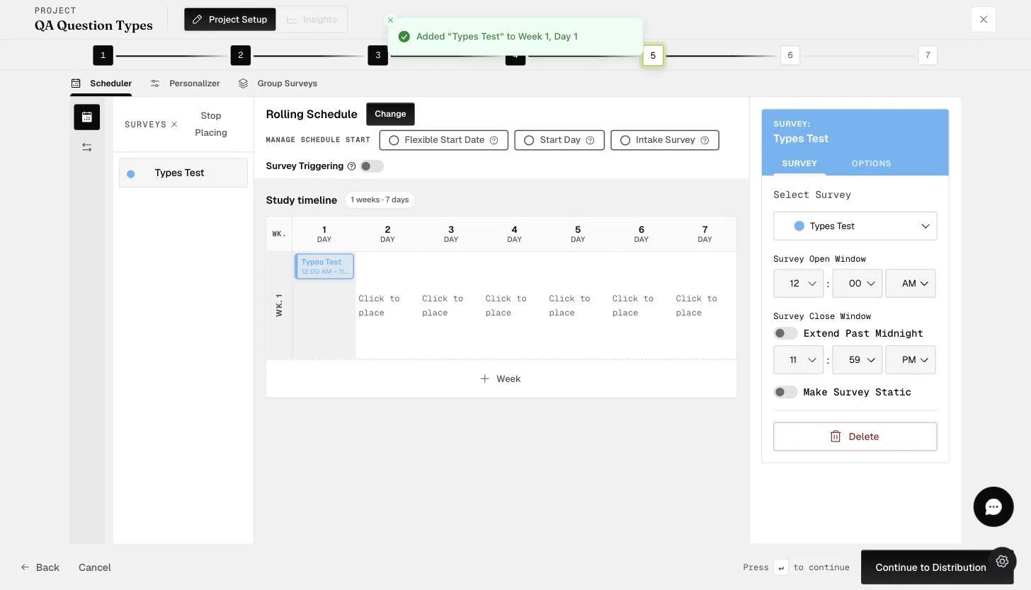 The survey window editor: Survey Open Window and Survey Close Window times, Extend Past Midnight, and Make Survey Static