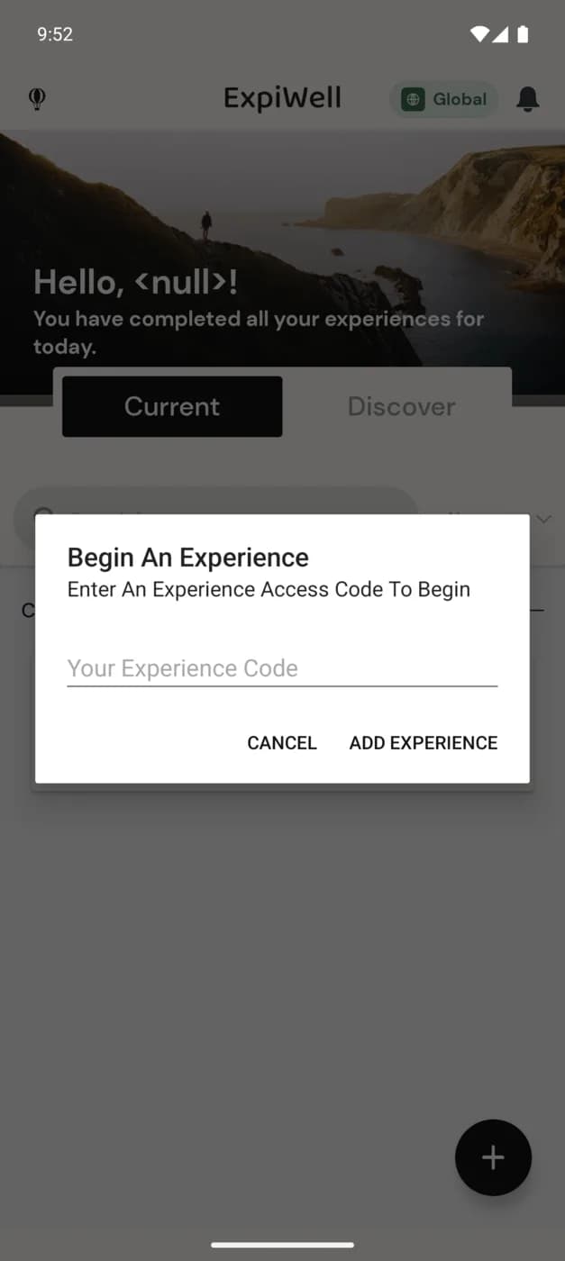 The ExpiWell app Begin An Experience dialog where a participant enters their experience access code to join a study