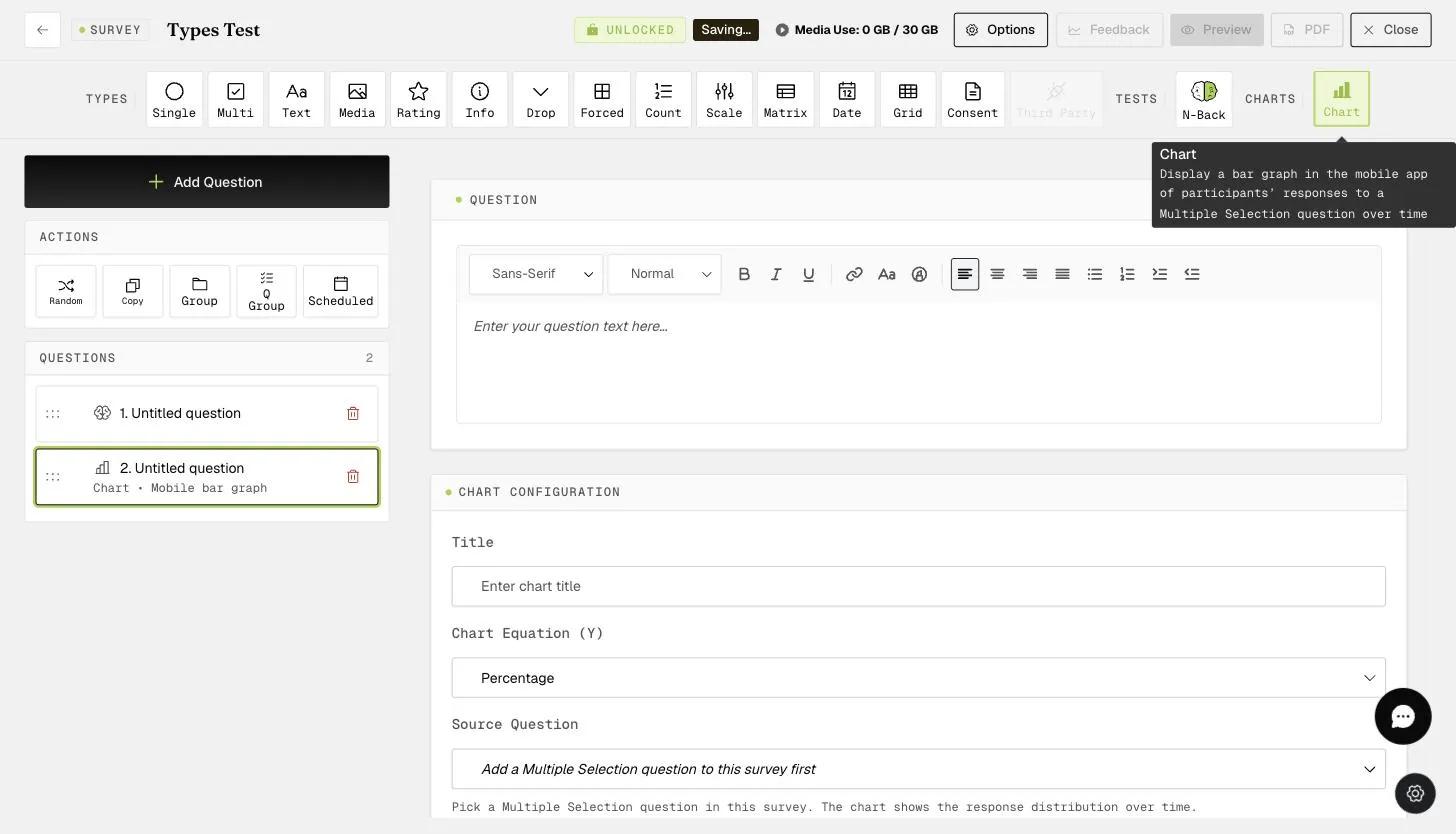 The Chart question's configuration panel with Title, Chart Equation (Y), and Source Question fields