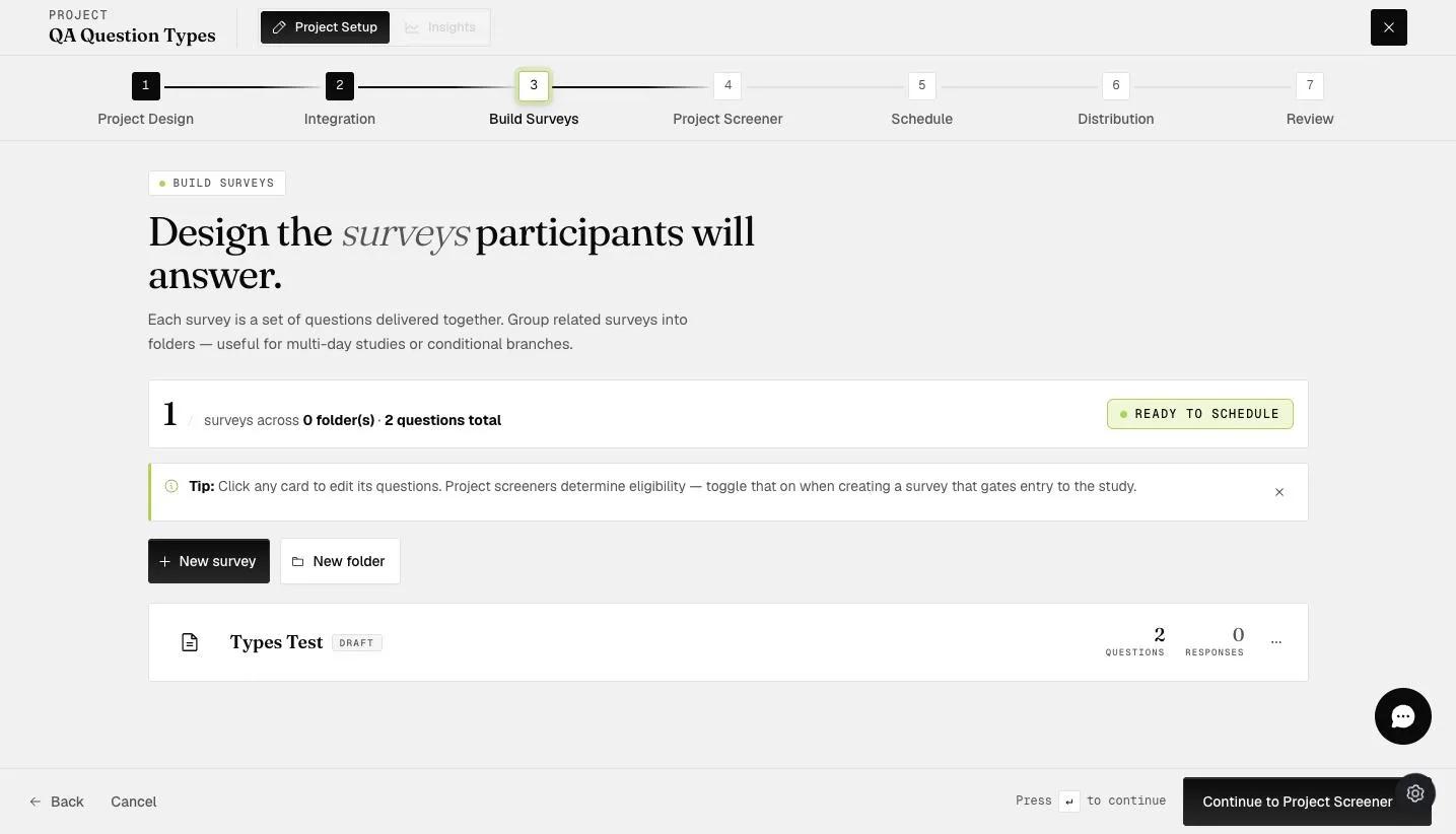 The Build Surveys step listing the survey cards with New survey and New folder buttons