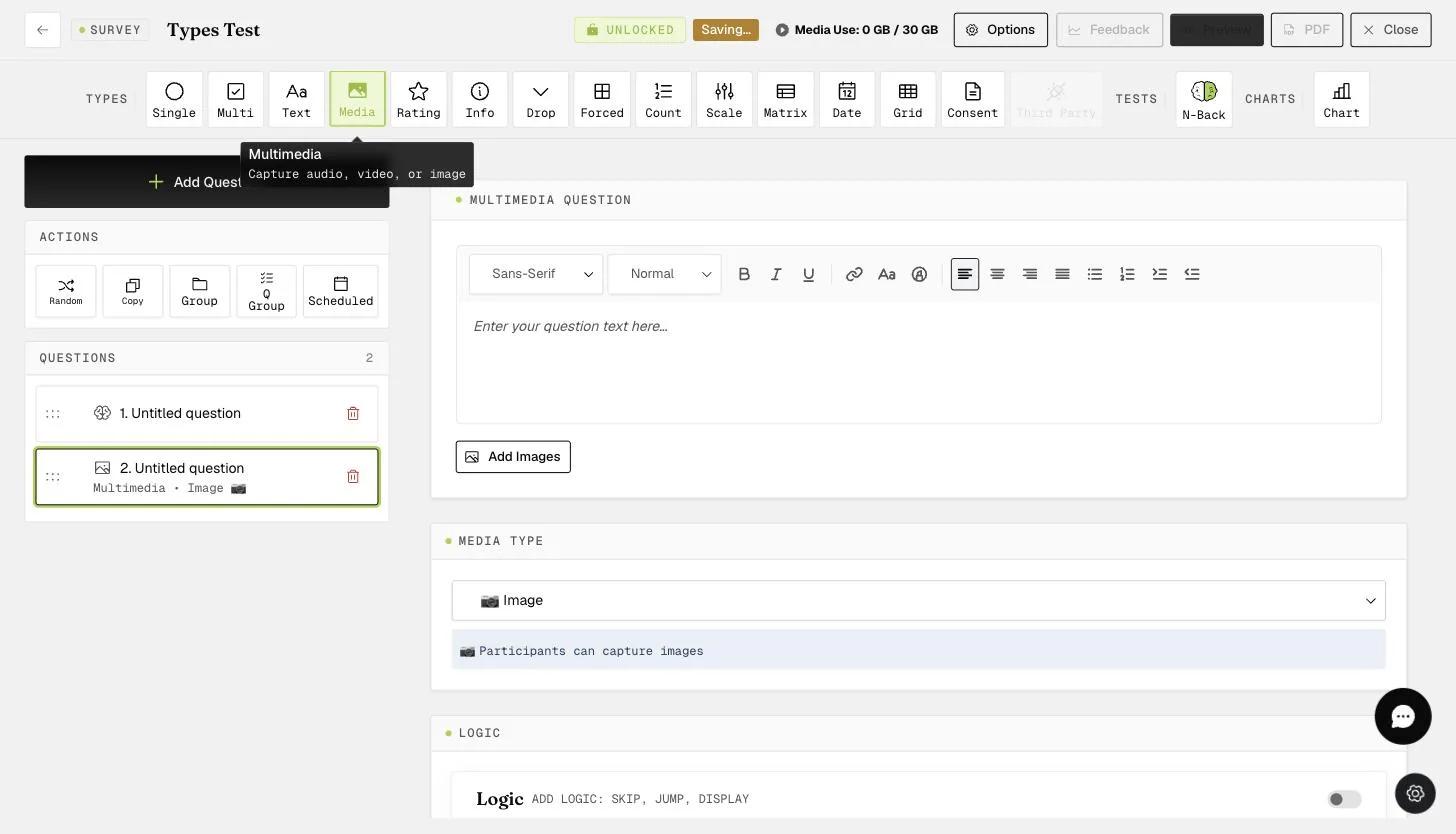 A Multimedia question in the builder for collecting images, audio, or video