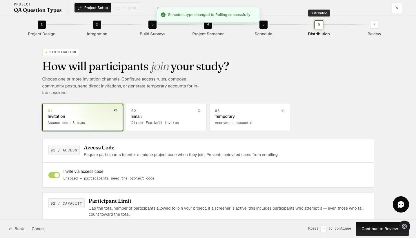 The Distribution step with the Invitation (access code), Email, and Temporary join channels