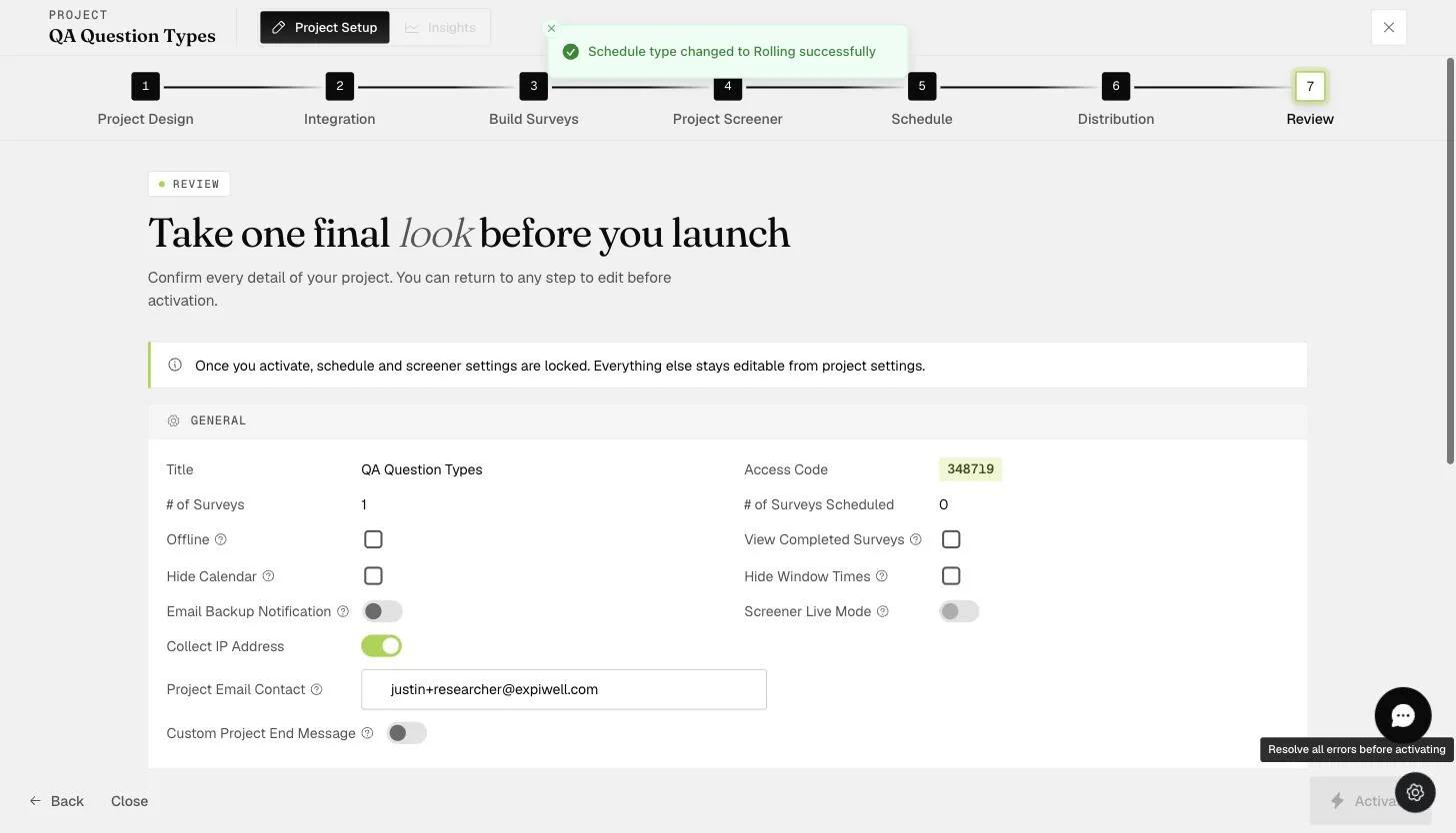 The Review step summarizing the project before activation, with the activate control