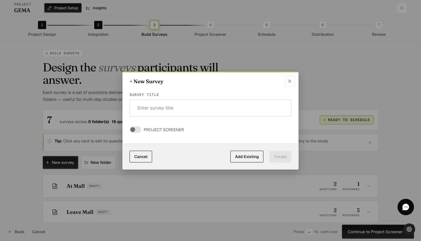 The New Survey dialog with a Survey Title field, a Project Screener toggle, and Add Existing / Create buttons