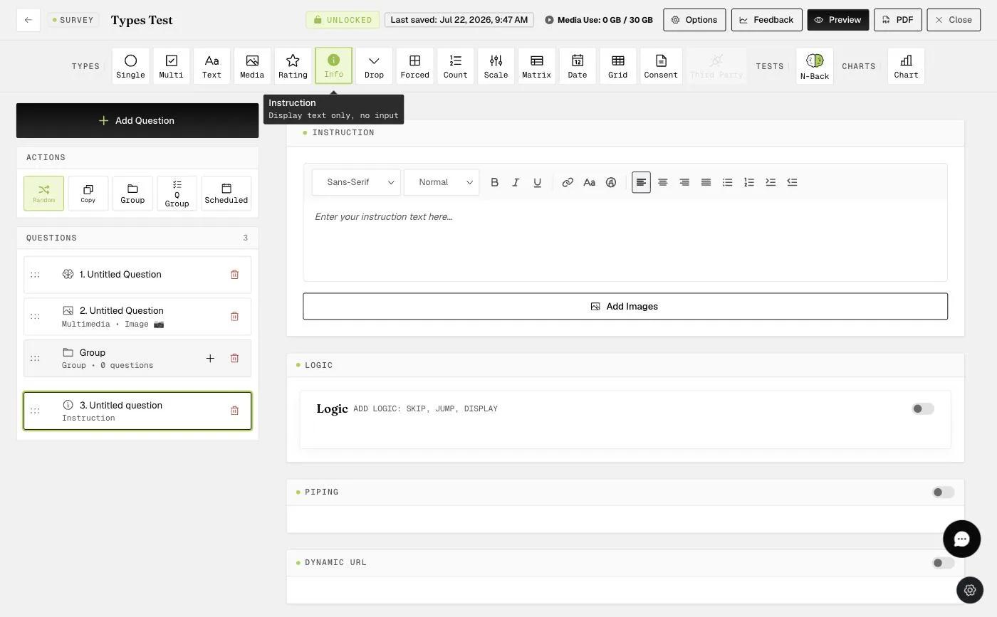 The Instruction (Info) question type editor — display-only text used for intros, consent, or thank-you messages