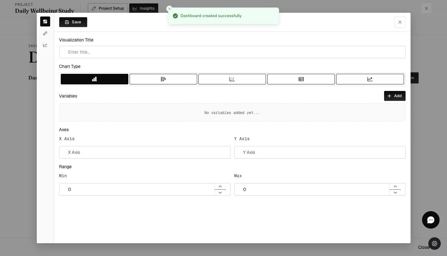 The New Visualization builder: Visualization Title, Chart Type (bar, horizontal bar, scatter, table, line), Variables, Axes, and Range