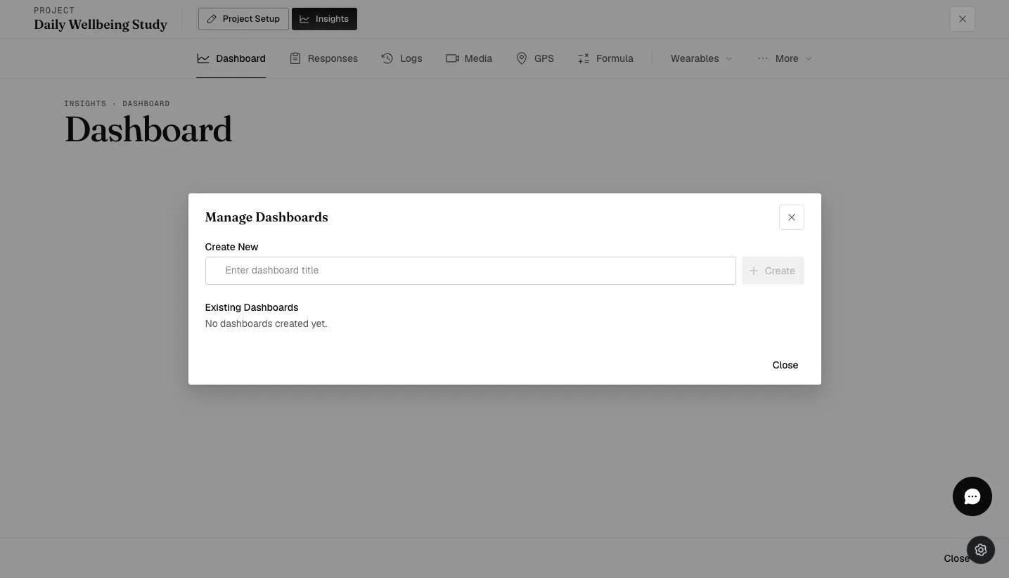 The Manage Dashboards modal for creating, renaming, and deleting dashboards