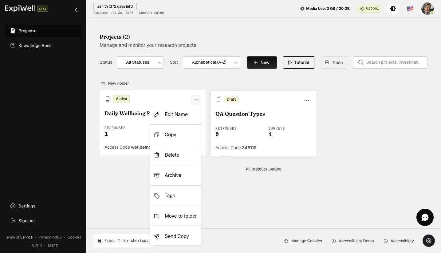 The project card three-dot menu with Edit Name, Copy, Delete, Archive, Tags, Move to folder, and Send Copy