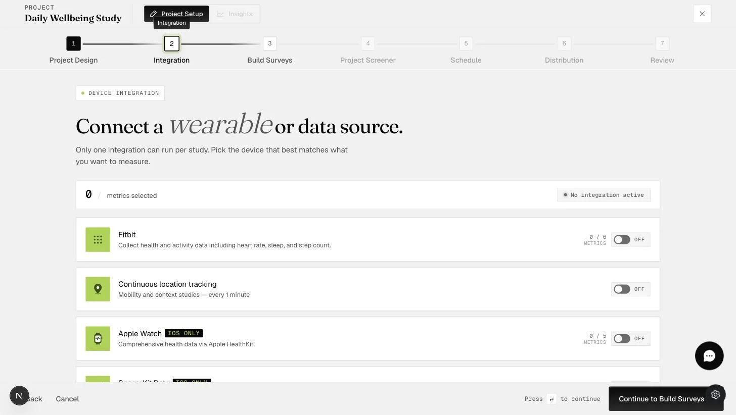 The Integration step of project setup listing Fitbit, continuous location tracking, Apple Watch, and SensorKit data sources with metric toggles