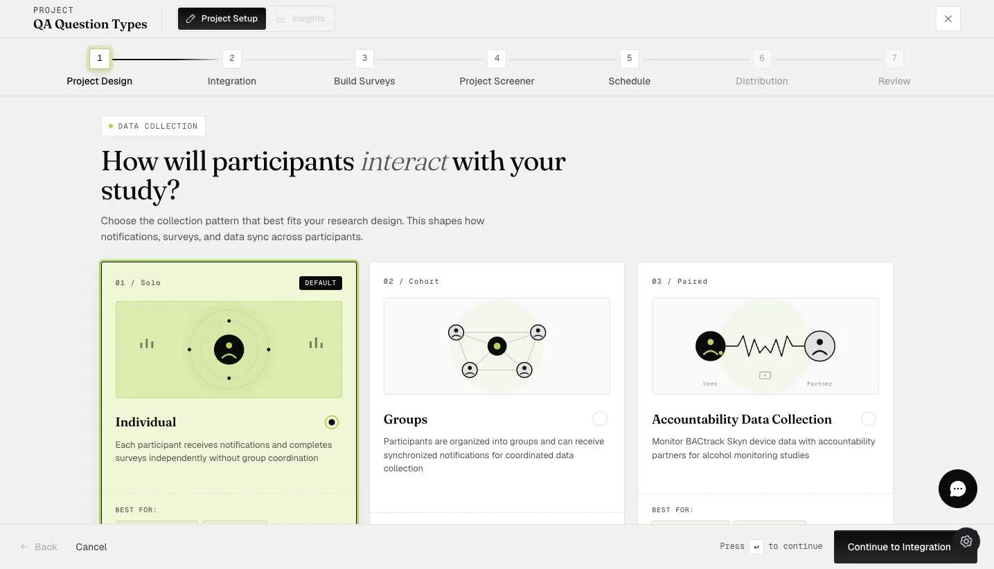 The Project Design step: Individual (Solo), Groups (Cohort), and Accountability (Paired) data-collection patterns