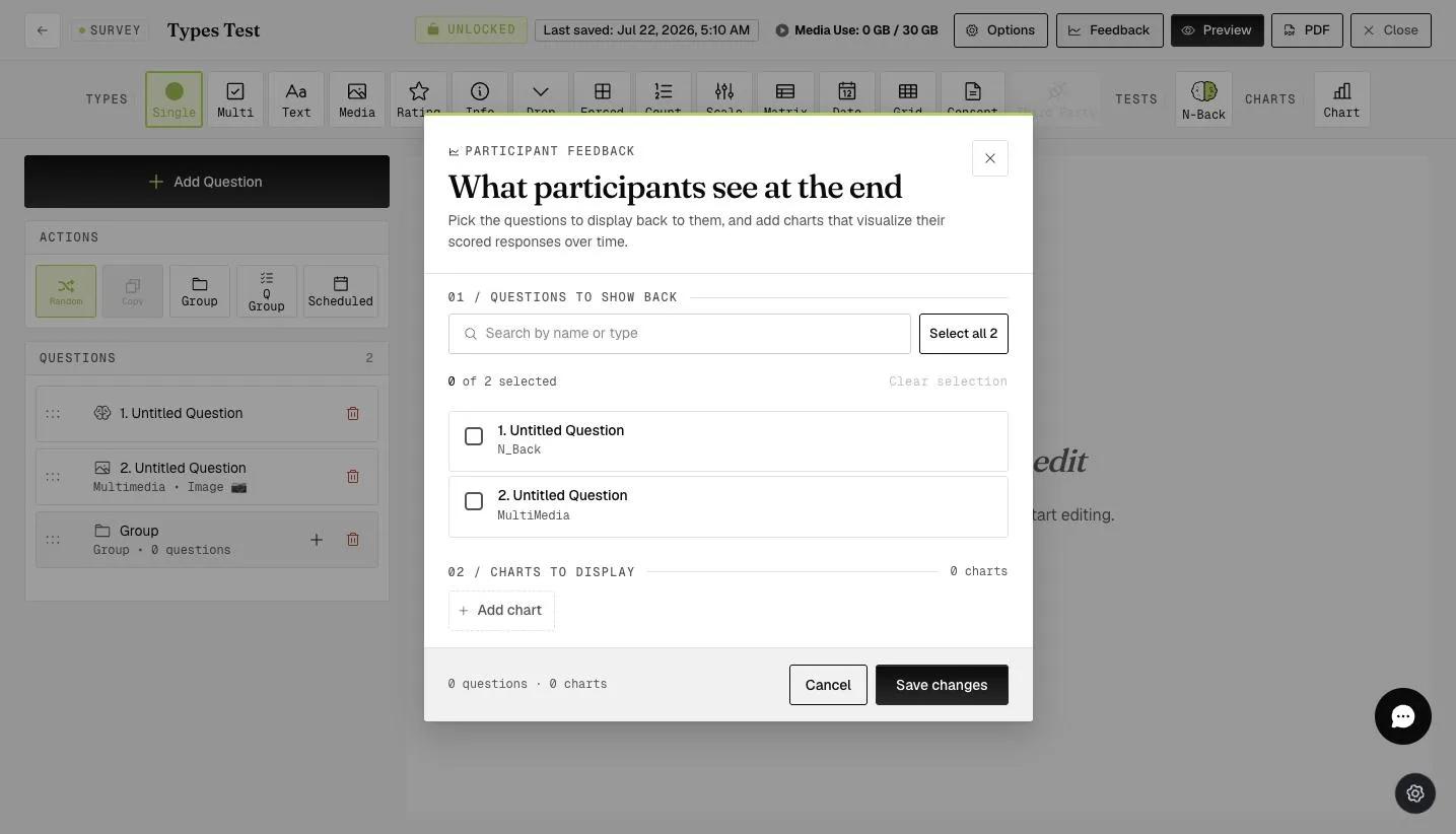 The Charts to display section of the Participant Feedback modal