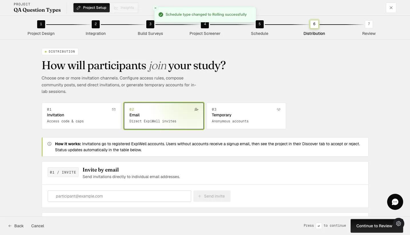The Email distribution channel with the Invite by email field for sending direct ExpiWell invites