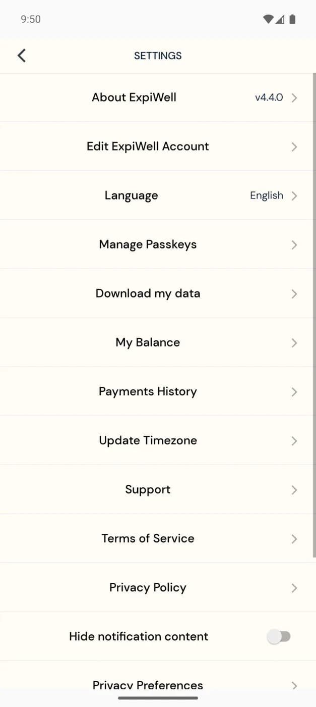 The ExpiWell mobile app Settings screen with the Update Timezone option