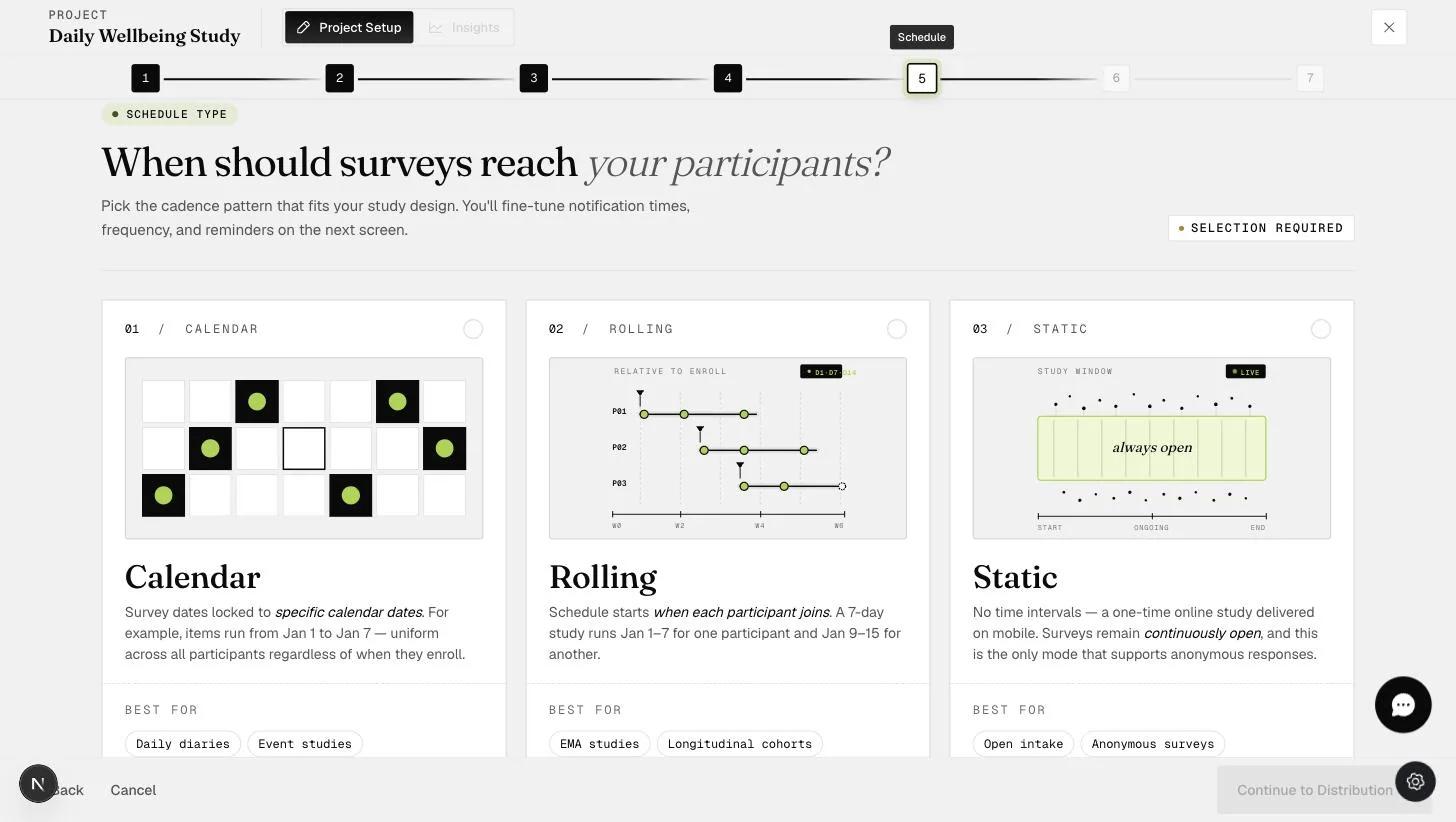 The Schedule step of project setup with the three cadence patterns — Calendar, Rolling, and Static — each with an illustration and best-for tags