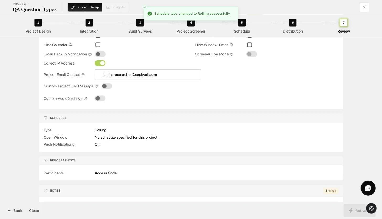 The Review step Project Email Contact field where the notification contact email is set