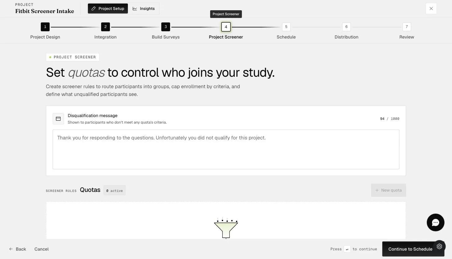 The Project Screener step of project setup, where screener rules route participants into groups, cap enrollment by criteria, and define what unqualified participants see