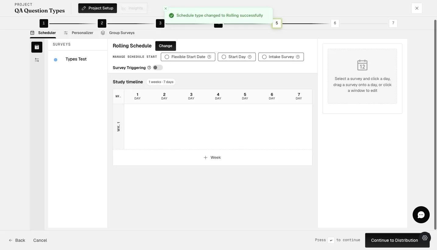 The Rolling schedule builder with Manage Schedule Start options and a weekly day-by-day timeline