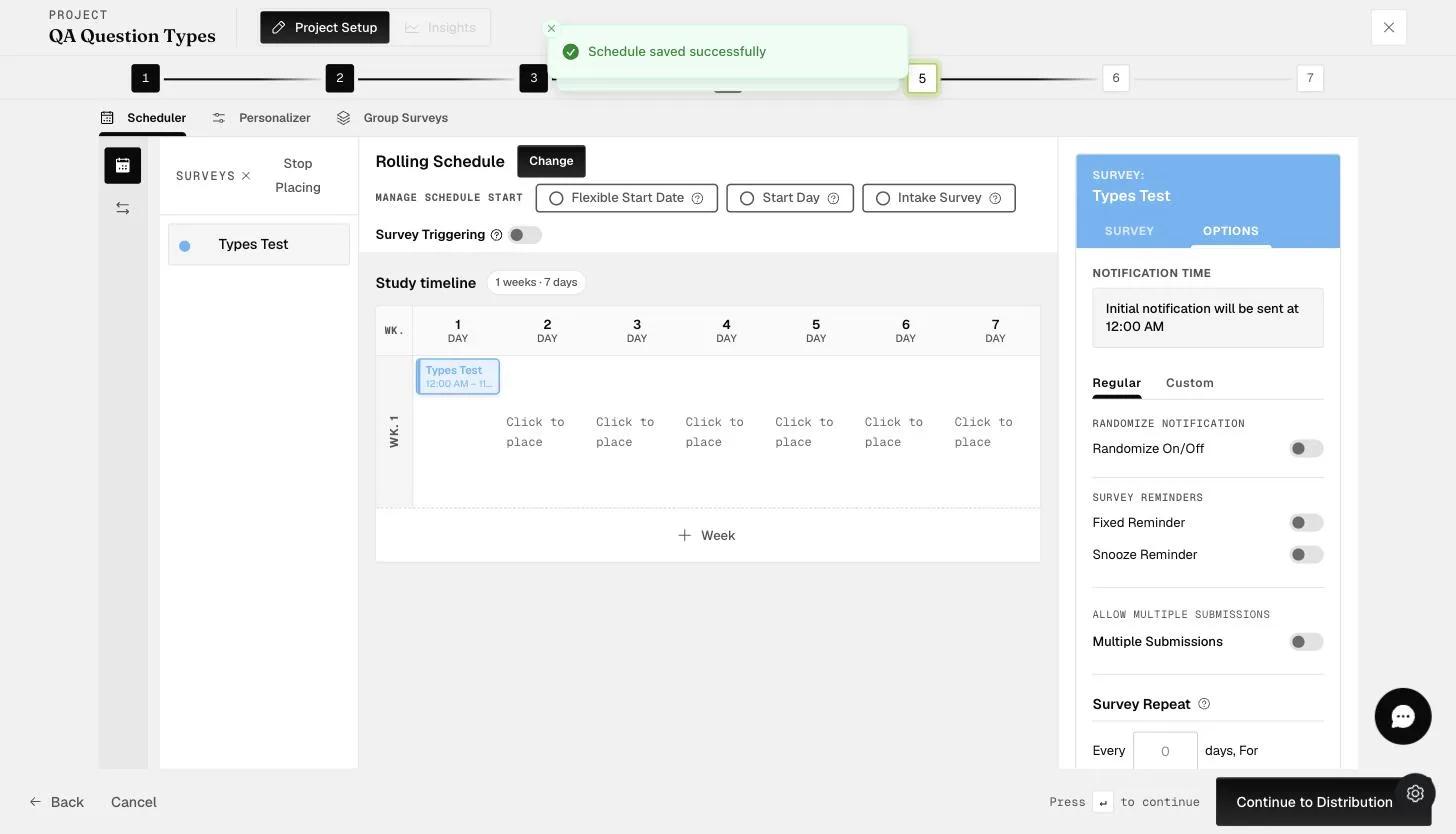 The Notification Time (Regular) setting for a rolling-schedule survey