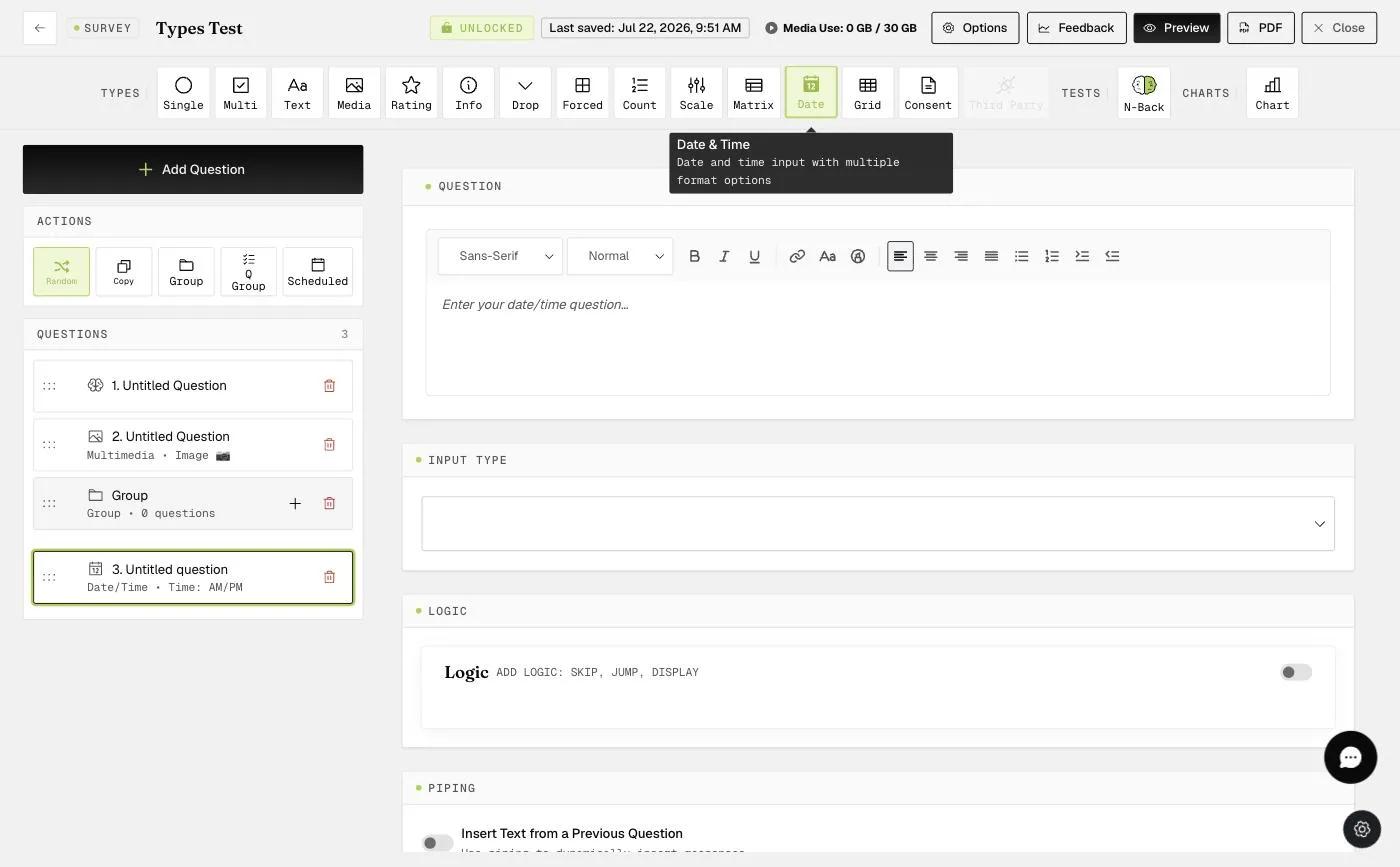 The Input Type options for a Date & Time question