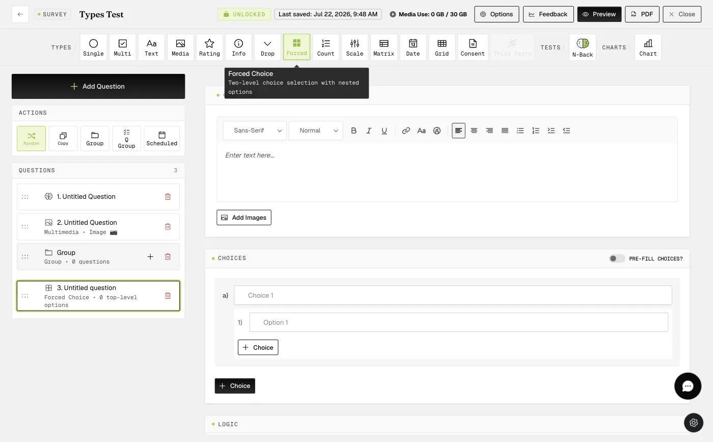 The Forced Choice question editor — two-level choice selection with nested options