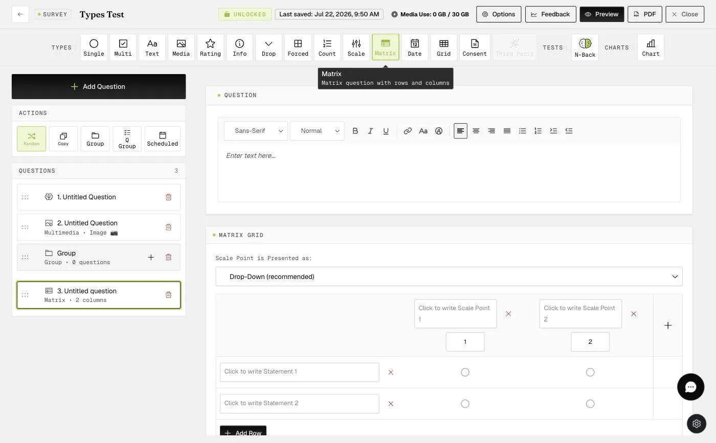 The Matrix Grid options: Scale Point presented as a drop-down, with rows and columns