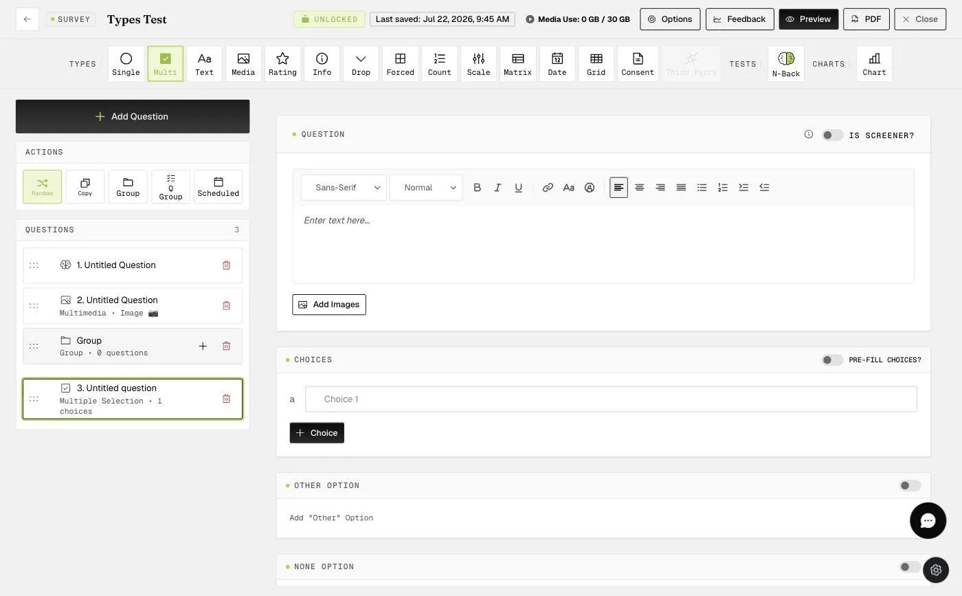 The Multiple Selection (checkbox) question editor with Choices, Other Option, and None Option
