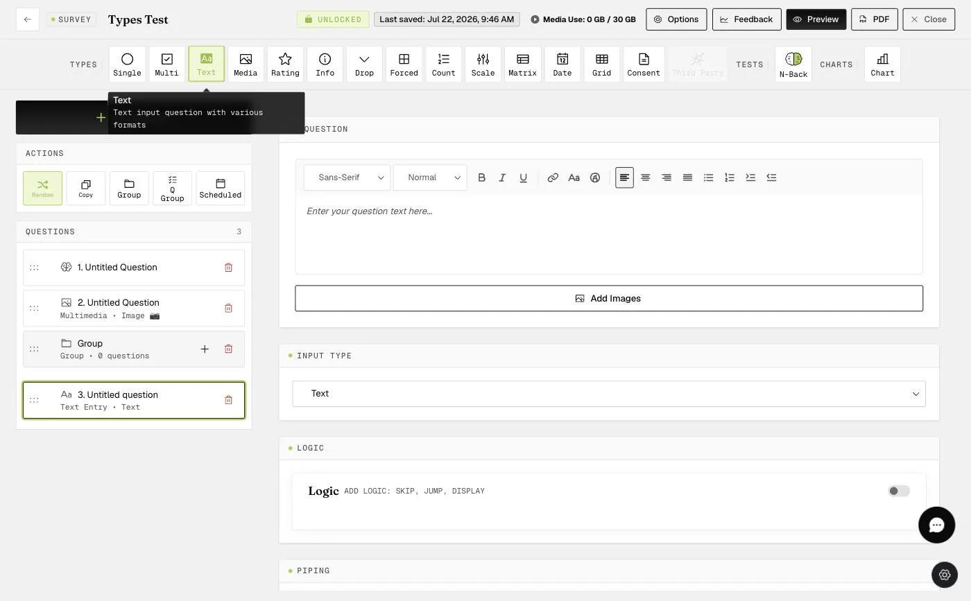 The Input Type dropdown for a Text question (numeric range, decimal, etc.)